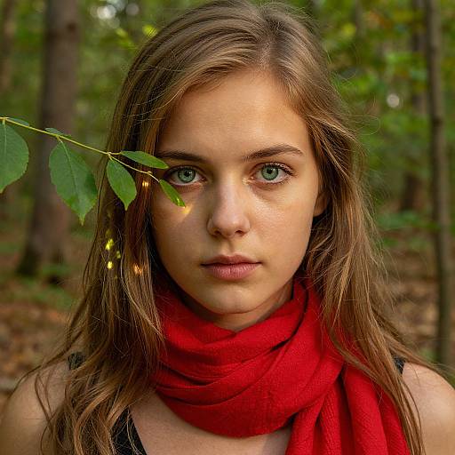 Photograph of a young woman with green eyes, wearing a red scarf, in a forest. She has long brown hair, and a leaf with glowing