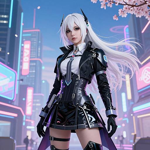 Digital artwork of a white-haired, blue-eyed anime woman in a black, futuristic outfit with neon cityscape background, cherry blossoms, and glowing signs