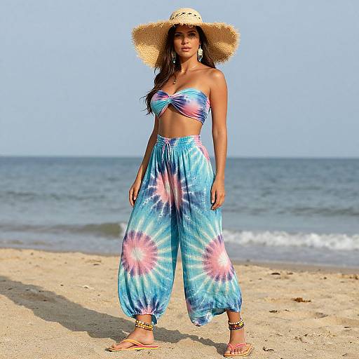 Photograph of a tan-skinned woman with long brown hair, wearing a blue tie-dye strapless top and high-waisted harem pants