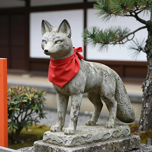Rustic Fox Statue in Japanese Setting