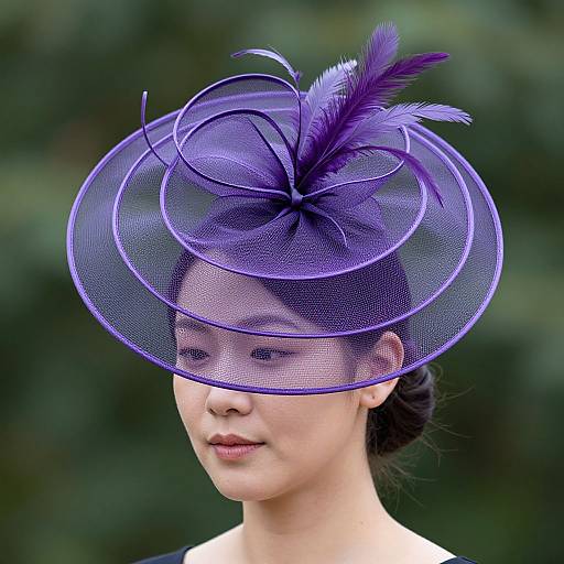 Photograph of an Asian woman with fair skin wearing a purple, mesh, circular hat adorned with purple feathers, against a blurred green background. She has