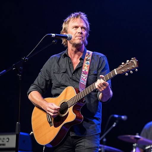 Photograph of a middle-aged man with blond hair and beard, wearing a black button-up shirt, playing a wooden acoustic guitar on stage under bright lights