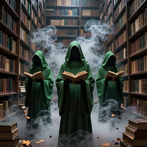 Ethereal Library with Cloaked Figures
