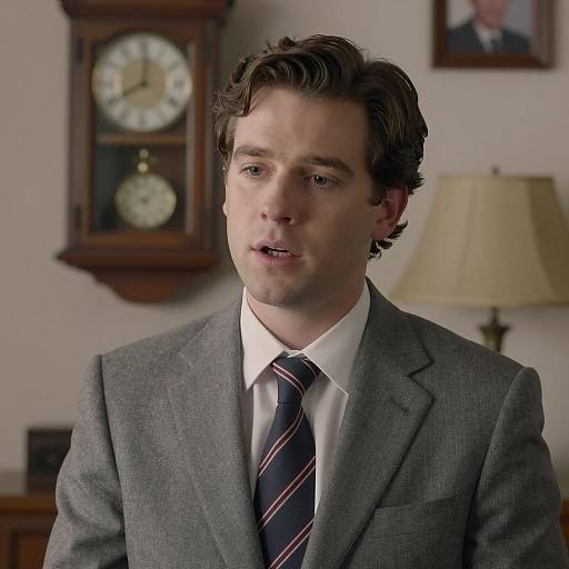 Man in Gray Suit Sitting Indoors