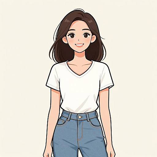 Digital anime-style drawing of a smiling Asian woman with straight black hair, wearing a white V-neck T-shirt and blue jeans, standing against a plain white