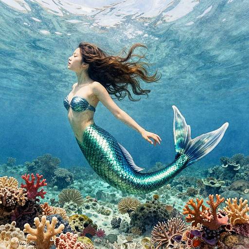 Photograph of a beautiful mermaid with long brown hair, shimmering blue-green scales, and a translucent fin, gliding through a vibrant underwater coral