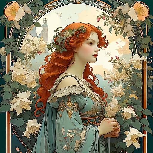 Art Nouveau Red-Haired Woman in Garden