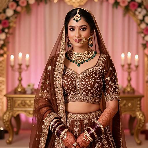 Photograph of a South Asian bride in a brown, gold-embroidered lehenga with a matching dupatta, wearing intricate jewelry, standing in