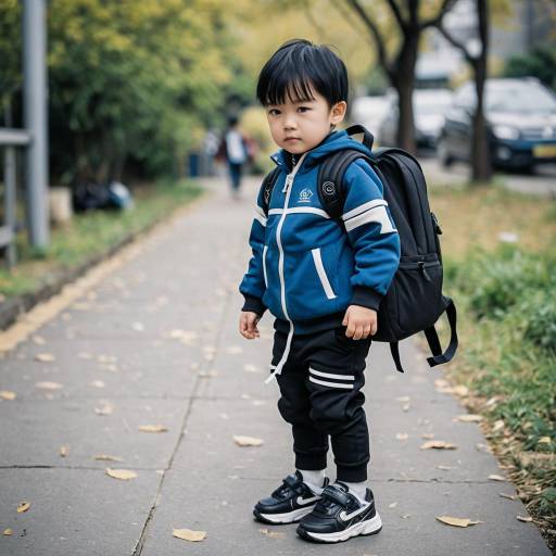 Young Boy in Blue Hoodie with Backpack Outdoors