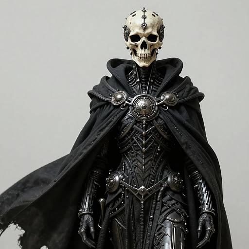Photograph of a skeletal figure in dark, intricate armor with a black cloak, adorned with metallic circular medallions, against a plain white background.