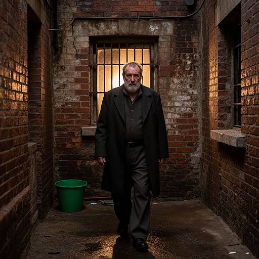 Photograph of a bearded older man in a dark coat walking down a dimly lit, narrow brick alley with a green bucket, orange-lit