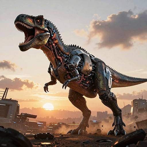 Cybernetic Dinosaur in Futuristic Wasteland