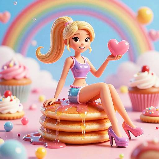 Digital cartoon of a blonde woman in a purple top and denim shorts, sitting on pancakes, holding a pink heart, surrounded by cupcakes and a rainbow.