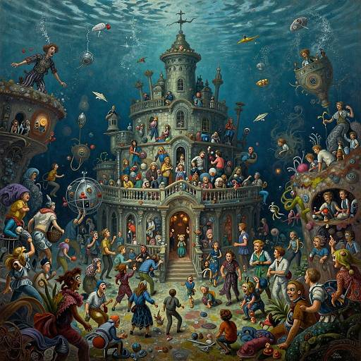 Whimsical underwater scene: colorful children, adults, and fantastical creatures surround a grand, multi-tiered castle with illuminated windows, surrounded by fish