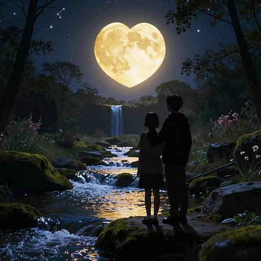 Silhouetted couple standing in a moonlit forest stream, illuminated by a bright, heart-shaped full moon, with a waterfall in the background.