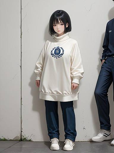 Photograph of a young Asian girl with straight black bob haircut, wearing a white sweater and blue jeans, standing against a white wall, with a partially