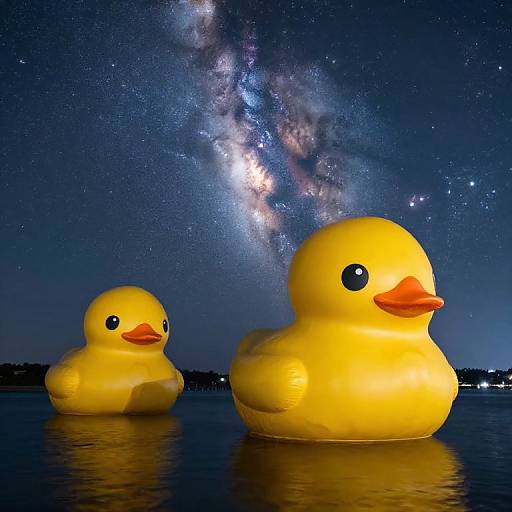 Photograph of two yellow rubber ducks floating on a dark, starry night, with the Milky Way galaxy visible in the sky.