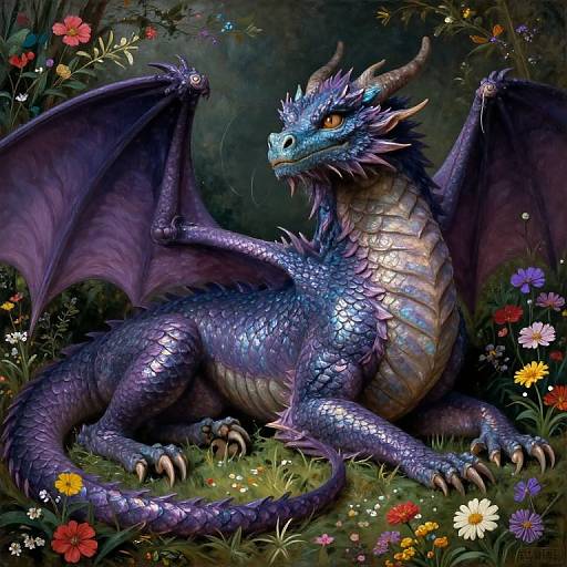 Digital painting of a majestic, blue-scaled dragon with purple wings, reclining among vibrant flowers in a dark, enchanted forest.