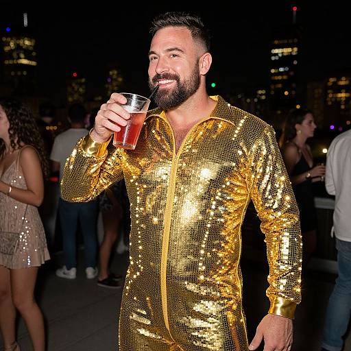 Photograph of a bearded man in a shimmering gold sequined zip-up suit, smiling while holding a glass of red drink, at a nighttime