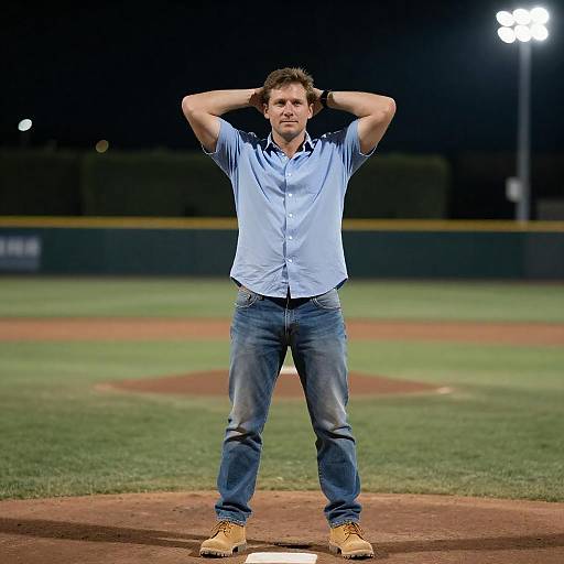 Man Standing on Baseball Field at Night