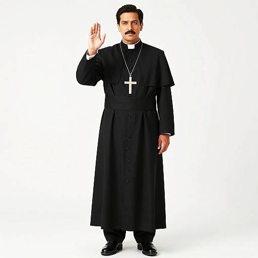 Photograph of a dark-haired, mustached man in black Catholic clergy attire, raising his right hand, with a silver cross necklace, against a plain