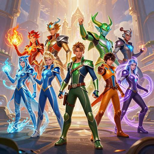 Digital artwork of seven superhero characters in vibrant costumes with magical powers, standing in a grand, illuminated hall. Each character has unique colors and abilities, forming