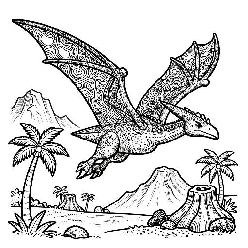 Black and white ink drawing of a detailed, textured, flying pterosaur over a tropical landscape with palm trees and mountains.