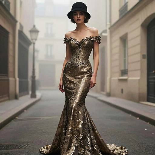 Photograph of an elegant woman in a shimmering, off-shoulder, gold sequin gown and black hat, standing on a misty,
