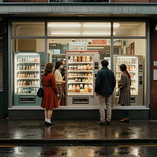 Photograph of four people, two women in red and white dresses, two men in jackets, standing in front of brightly lit bakery window displaying pastries