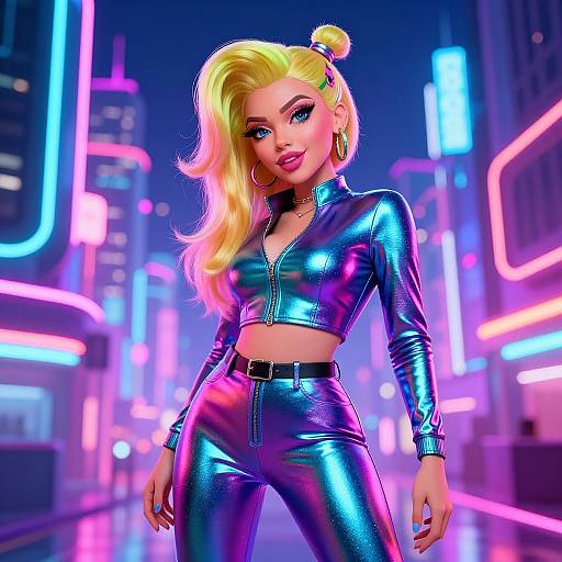 CGI image of a blonde woman in a shiny, blue-purple metallic crop top and high-waisted pants, standing in a neon-lit,