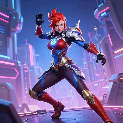 Digital artwork of a fierce red-haired woman in futuristic armor with glowing blue emblem, striking a powerful pose in a neon-lit cityscape.