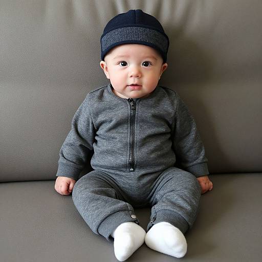 Photograph of a baby doll with light skin, black knit hat, gray zip-up onesie, and white socks, sitting on a gray leather couch