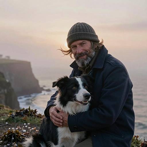 Misty Coastal Dawn with Affectionate Companions
