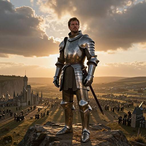 Photograph of a muscular man in shiny medieval armor standing on a rocky outcrop at sunset, with a medieval village and castle in the background. Sun