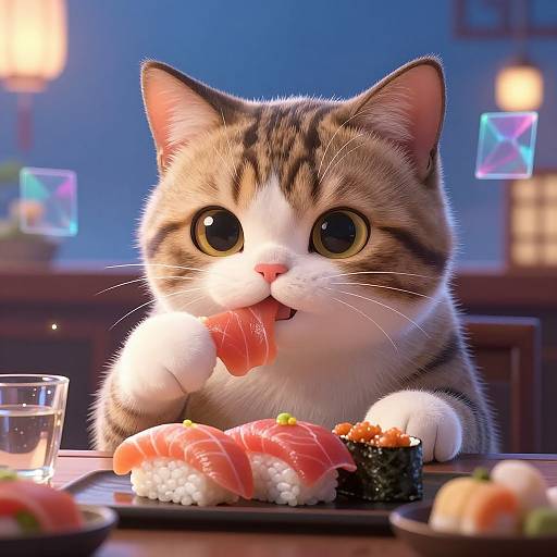 Photorealistic CGI of an adorable tabby kitten with wide yellow eyes, licking a piece of salmon sashimi at a dinner table with various sushi