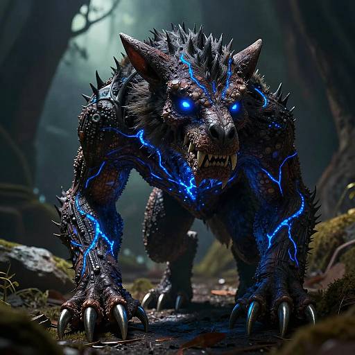 Digital artwork of a fierce, glowing blue-eyed, electric-sparked werewolf with sharp claws and spikes, crouching in a dark, misty