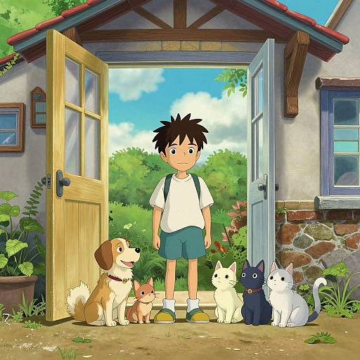 Boy with Dog and Cats in Front of Open Door