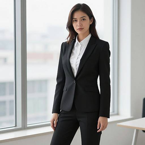 Photograph of a confident Asian woman with straight black hair, wearing a black suit and white shirt, standing in a bright, modern office with large windows