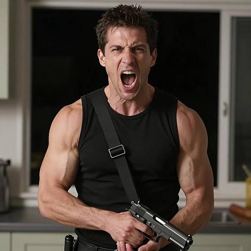 Intense Muscular Man in Nighttime Kitchen