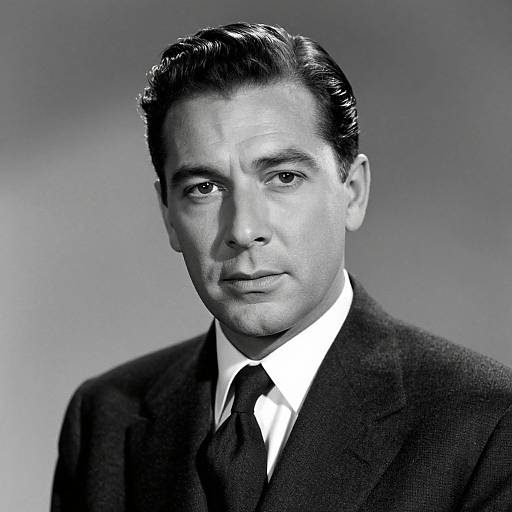 Black-and-white photograph of a handsome man with slicked-back dark hair, wearing a dark suit, white shirt, and black tie, against a gradient
