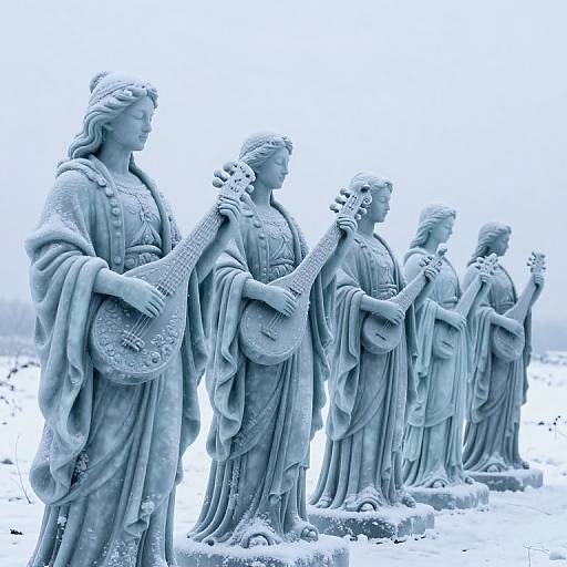 Photograph of five blue-toned, snow-covered stone statues of robed women in a row, each holding a harp and wreath, standing
