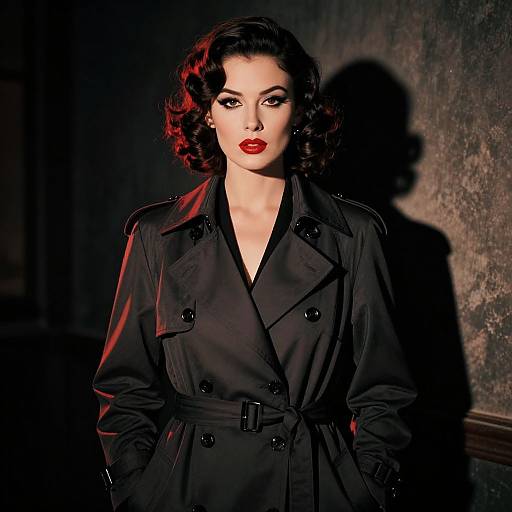 Photograph of a pale-skinned woman with dark, wavy hair and red lipstick, wearing a black trench coat, against a dark, textured wall
