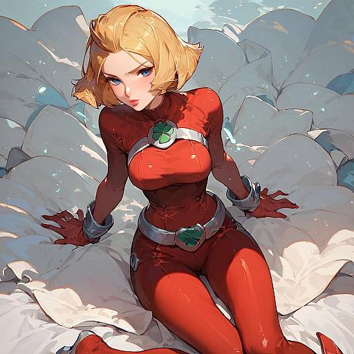 Digital anime-style drawing of a blonde woman with blue eyes, wearing a tight red bodysuit, sitting amidst large white rocks.