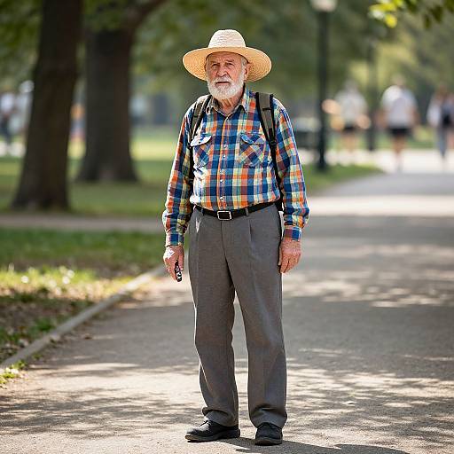 Photograph of an elderly white man with gray beard, wearing a straw hat, plaid shirt, gray pants, and black shoes, standing on a