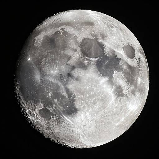 Photograph of a detailed, full moon against a black night sky, showcasing its craters, mountains, and bright lunar surface textures.