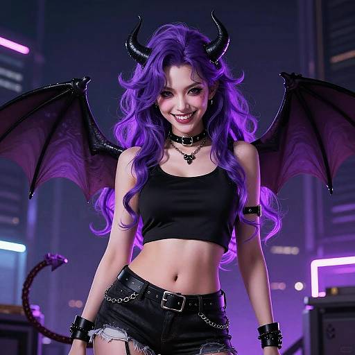 Seductive Anime Demon Girl Neon City