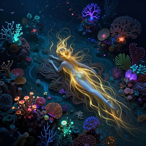Digital art of a glowing, ethereal mermaid with golden hair, floating among vibrant, colorful coral reefs and bioluminescent sea life.