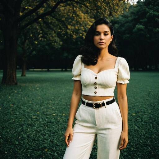 Woman in Ivory Crop Top and High-Waisted Pants in Park