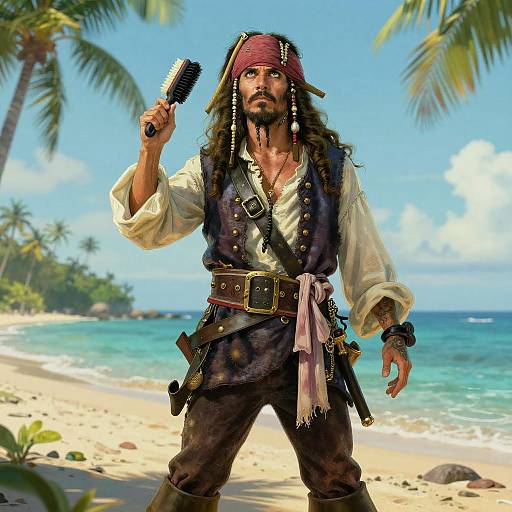 Photorealistic digital art of a pirate with a red bandana, long beard, and eye patch, holding a comb on a sunny tropical beach with
