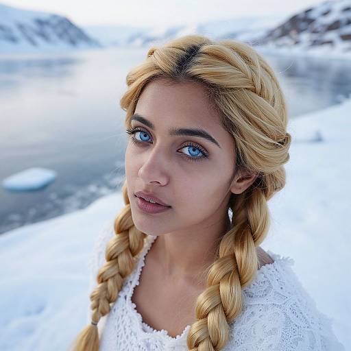 Photograph of a young woman with blonde braided hair, blue eyes, and fair skin, wearing a white lace top, standing in a snowy landscape
